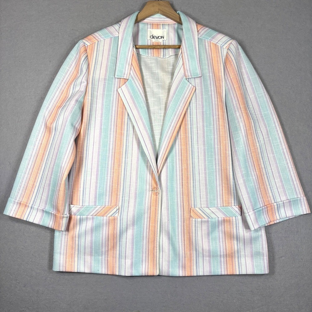 Devon Vintage Blazer Womens 16 Pastel Stripe Cotton Blend Made USA 80s